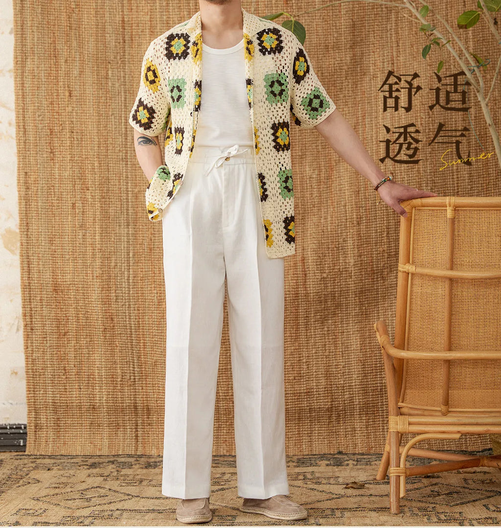 Women's straight-leg linen trousers in high waist design with elasticated back, shown in greige colour.