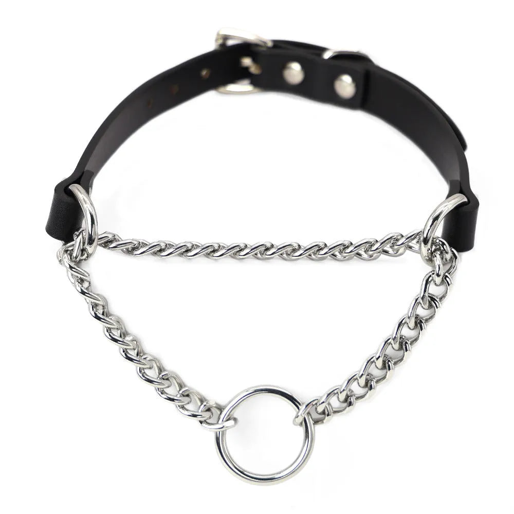 Black leather adjustable collar and matching leash with a hand grip rope.
