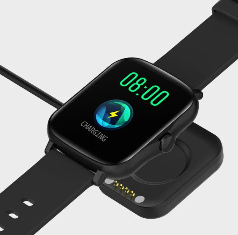 Smart watch with 1.7-inch colour touch screen on adjustable strap, shown in black, blue, or gold.