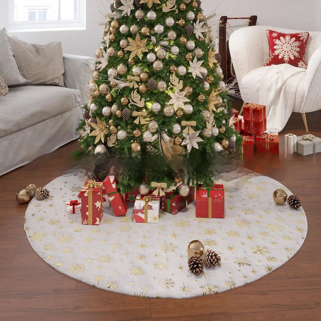 Plush Christmas tree floor mat with gilding snowflake design in one of four sizes.