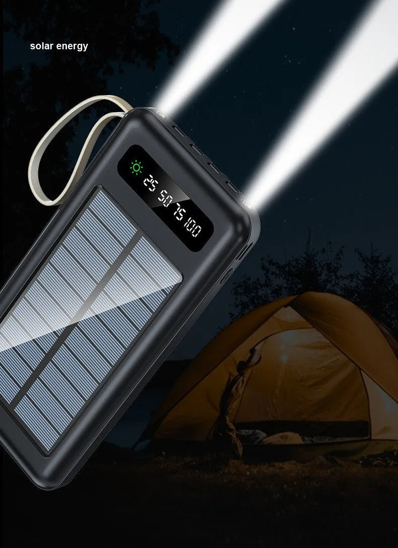 Solar power bank in black or white, showing its compact size and data cable.