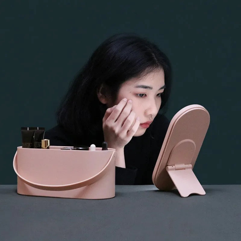 Portable LED light storage box beauty mirror with aluminium reflective surface and storage compartments