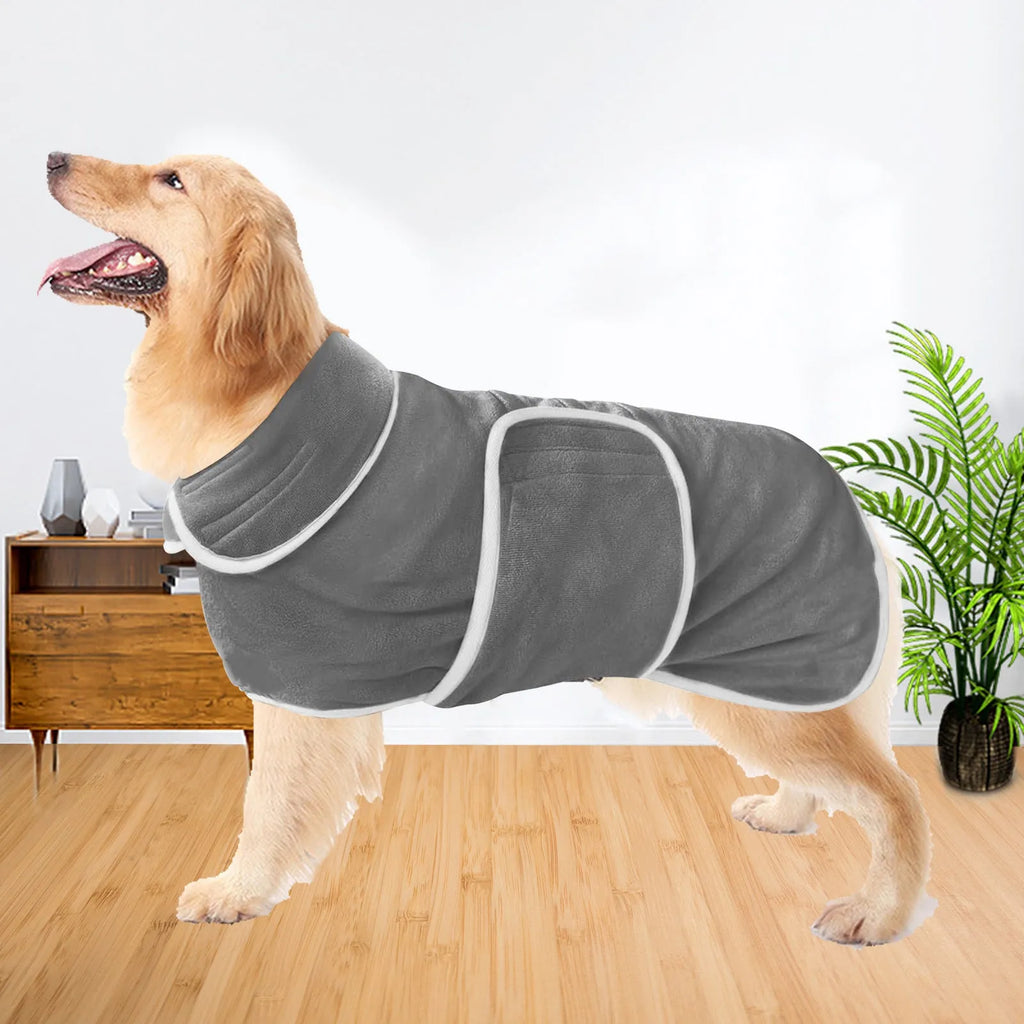 Super absorbent hooded dog bathrobe towel coat for drying pets in six sizes.