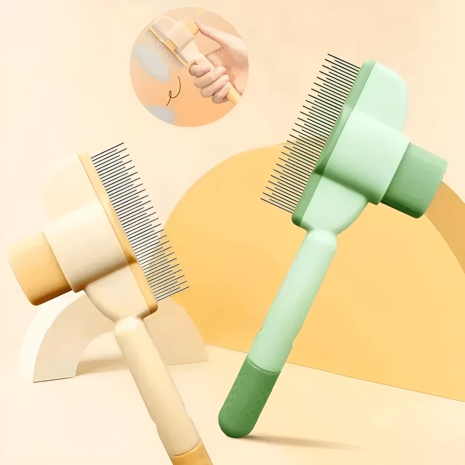 Green and yellow dog grooming brush with one-click hair removal and pressure adjustment features