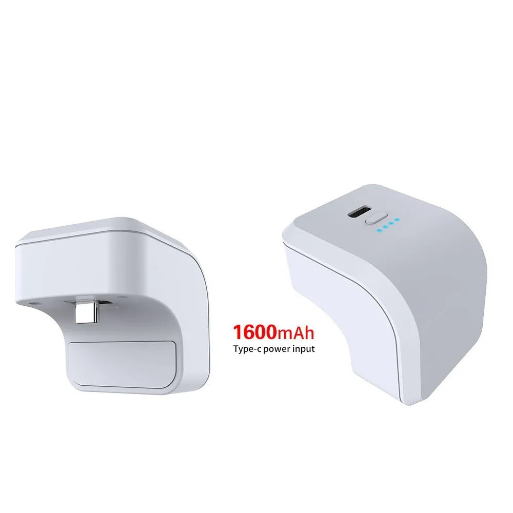 White ABS PS5 handle power bank with Type-C port and LED indicator, attached to a PS5 controller