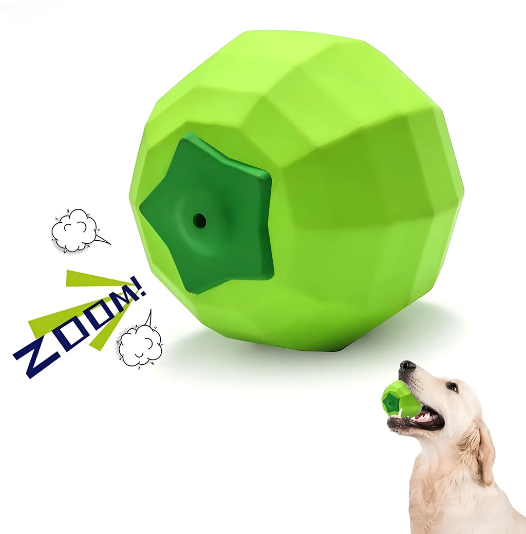 Green natural rubber dog chew toy with squeaker for large breed aggressive chewers.