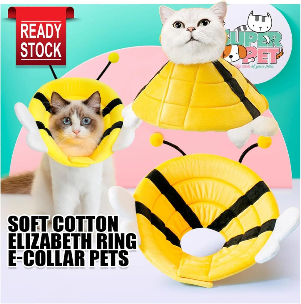 Soft cat cone collar with cute bee design showing Velcro closure for adjustable sizing