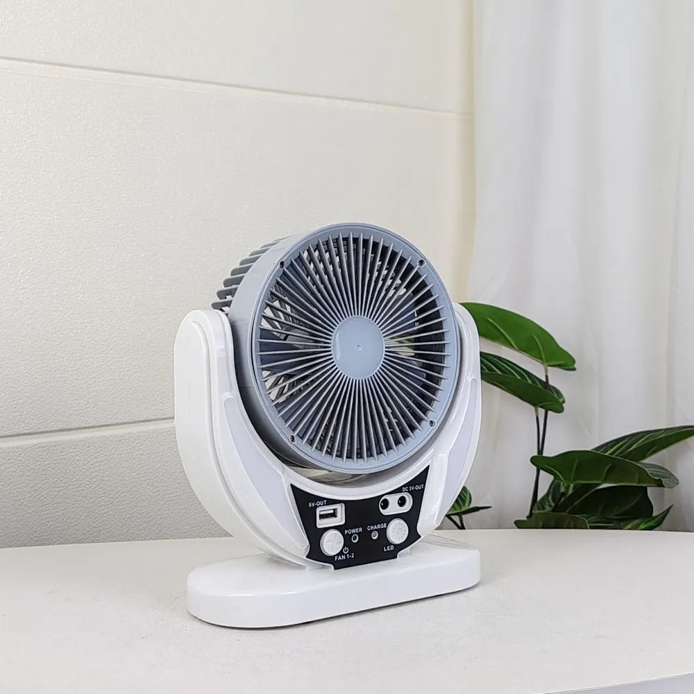 Solar charging emergency fan with LED lighting, 6-inch blade, white housing, and solar panel
