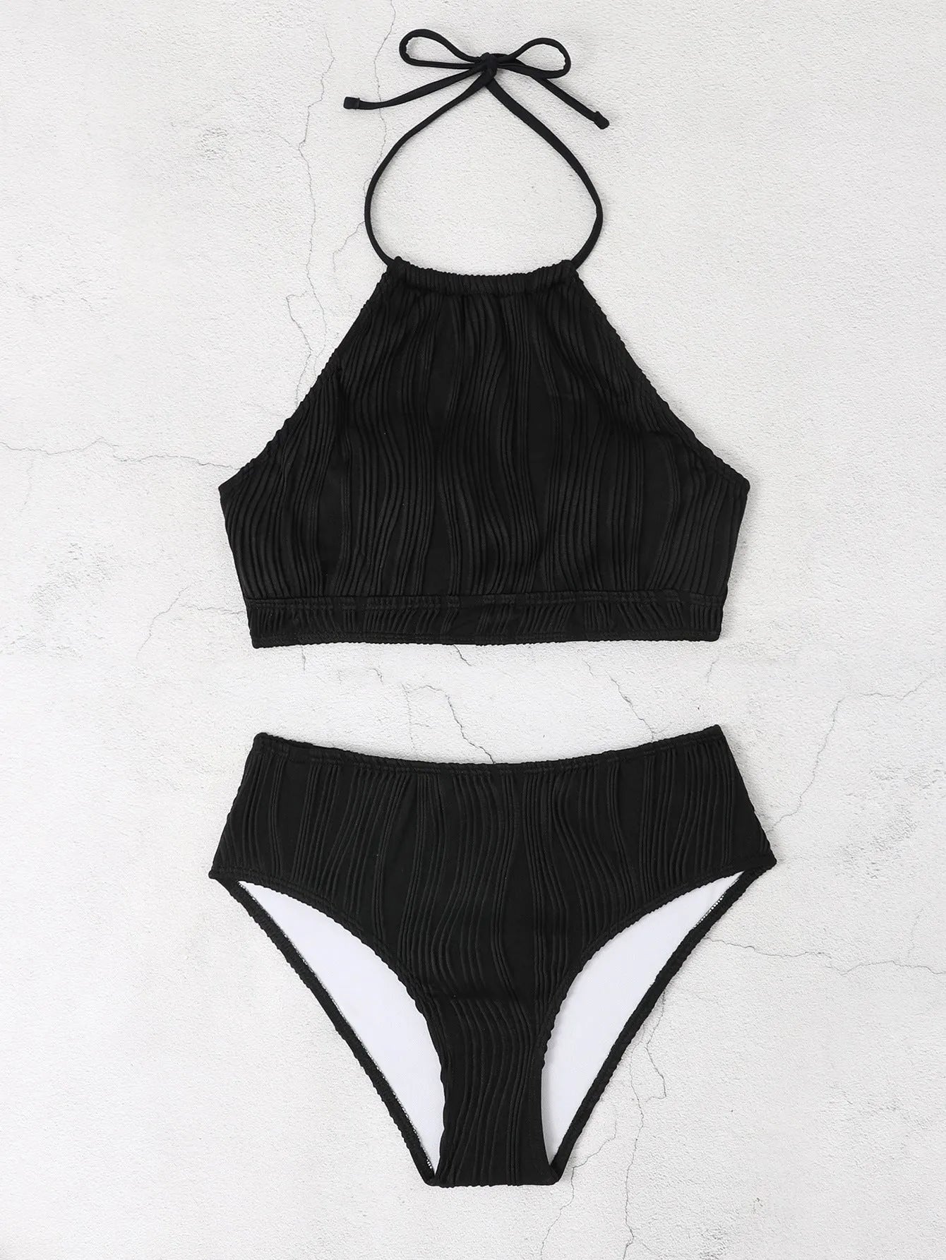 Women's conservative high waist apron swimwear in polyester with separate top and pants