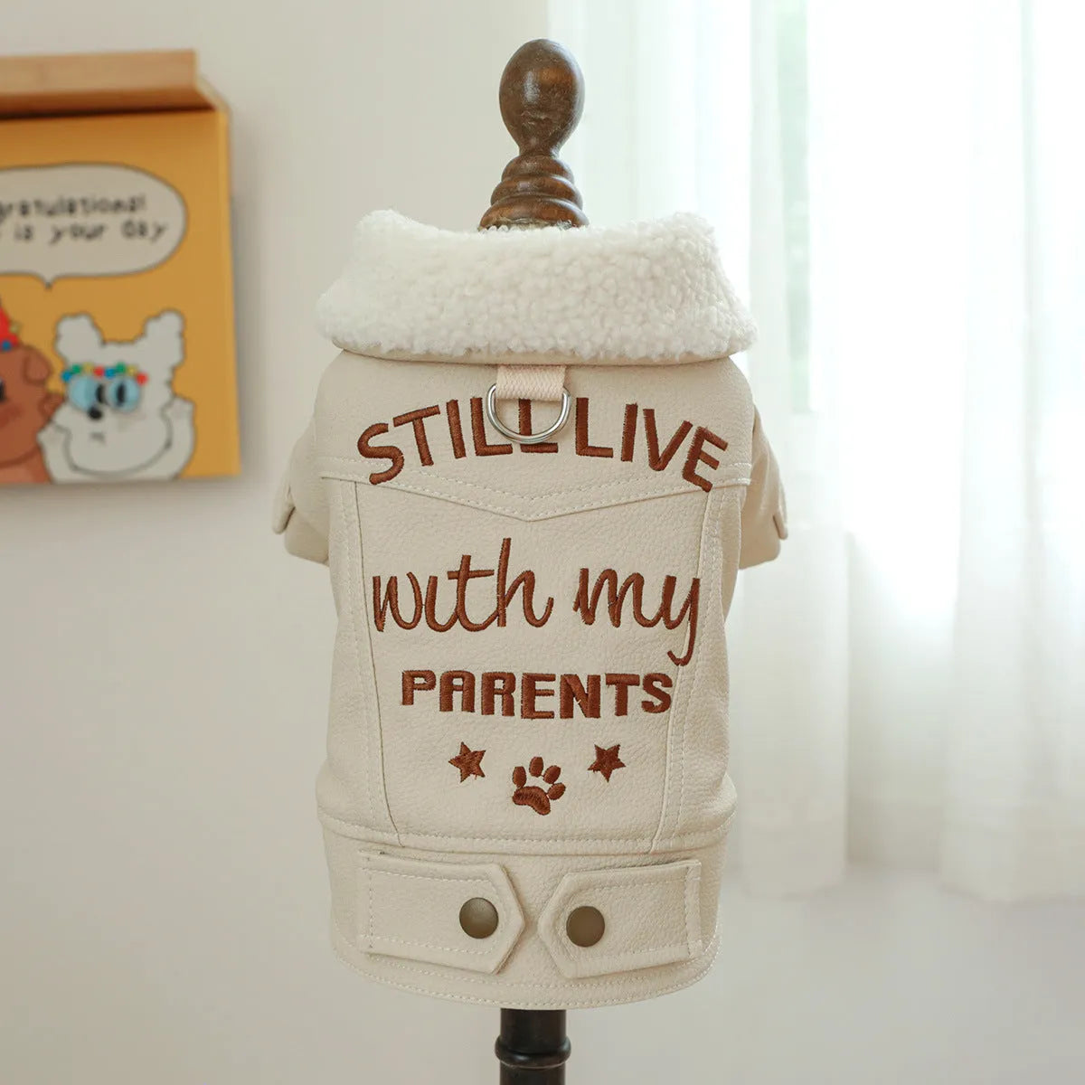Large fur coat style fleece lined padded dog jacket for winter warmth in beige colour.