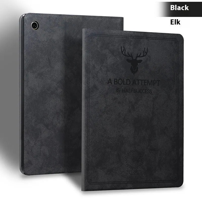Creative deer pattern soft shell TPU leather clamshell case for iPad on a table.