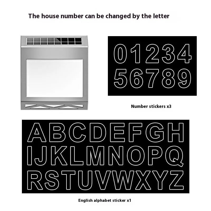 Solar-powered outdoor doorplate light with digital display showing house numbers