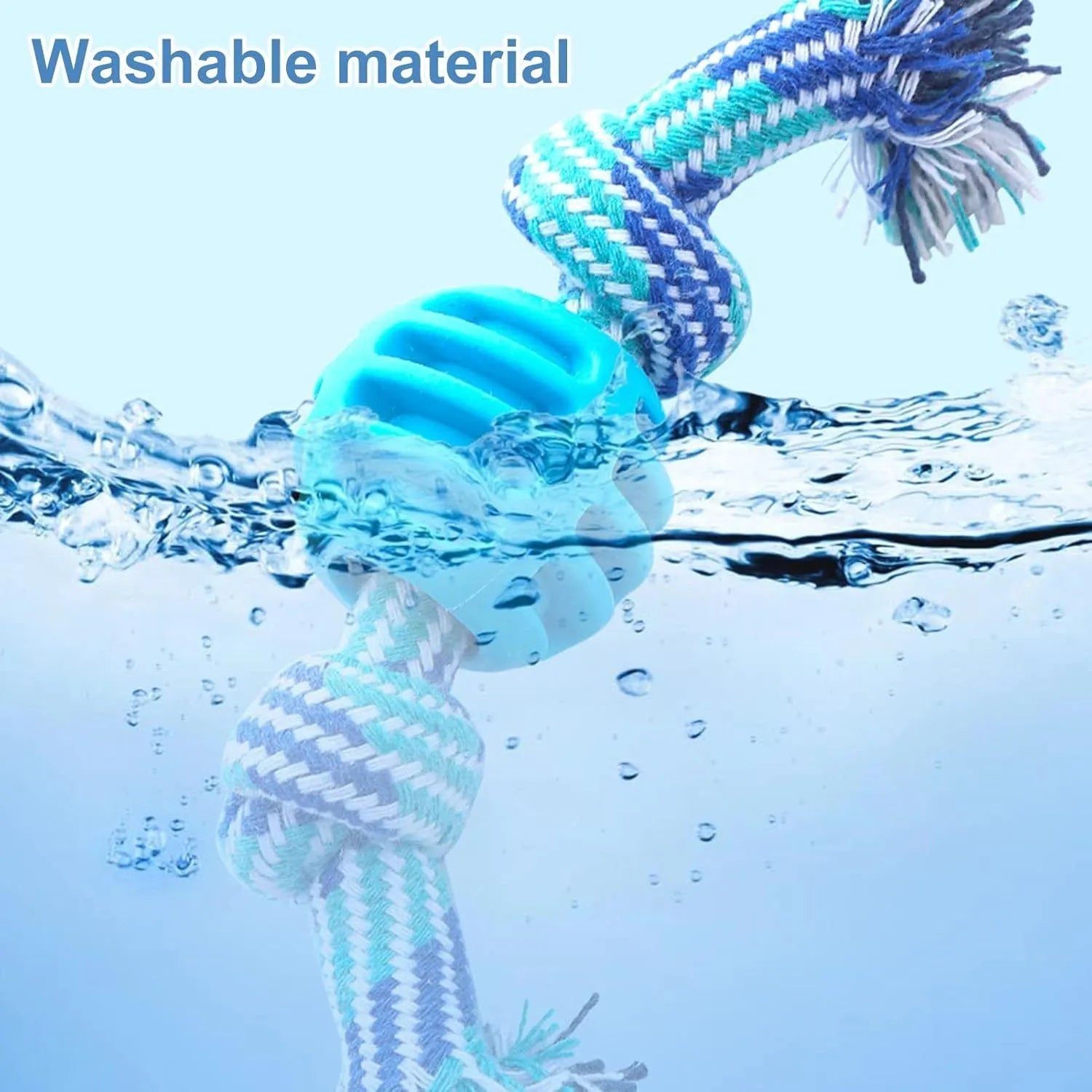Blue silicone dog chew toy with woven cotton ropes in molar stick design