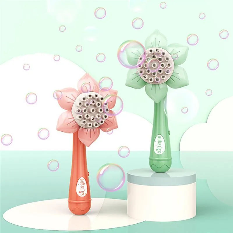 Sunflower shape plastic electric bubble blower toy in mint green colour on table