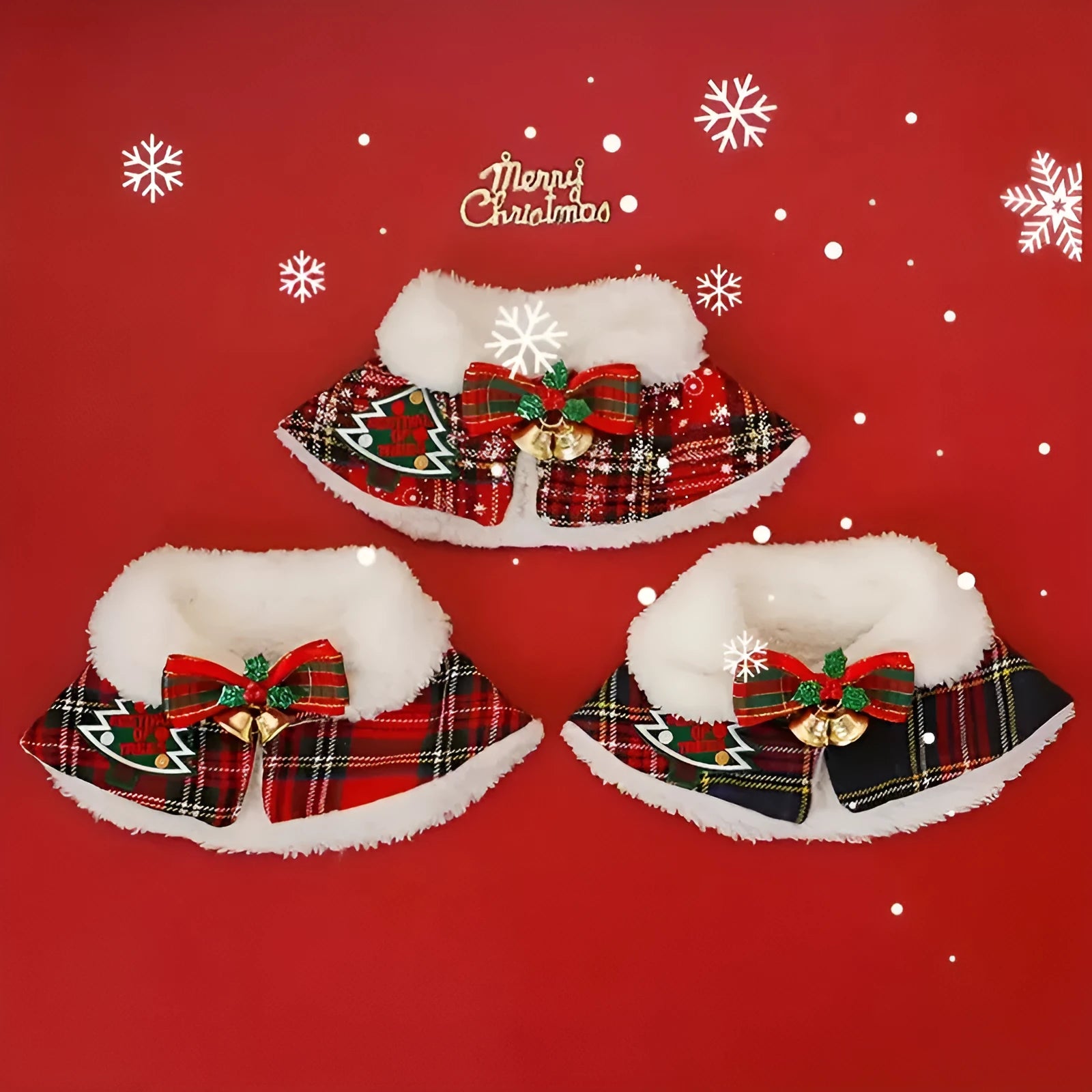 Red background pet Christmas cloak with bell design, shown on a dog, with adjustable scarf length.