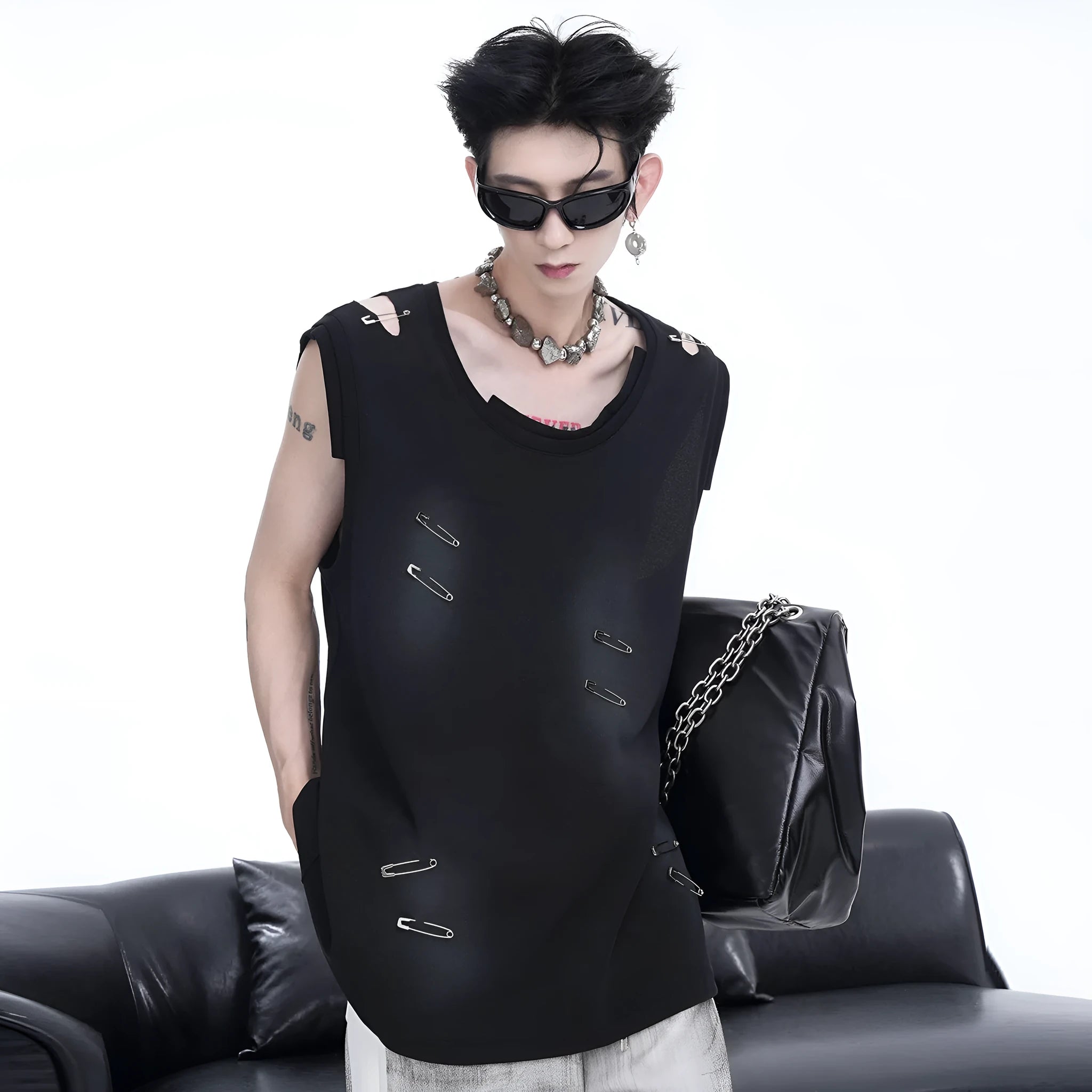 Men's black sleeveless waistcoat vest with irregular cutting and ripped design details