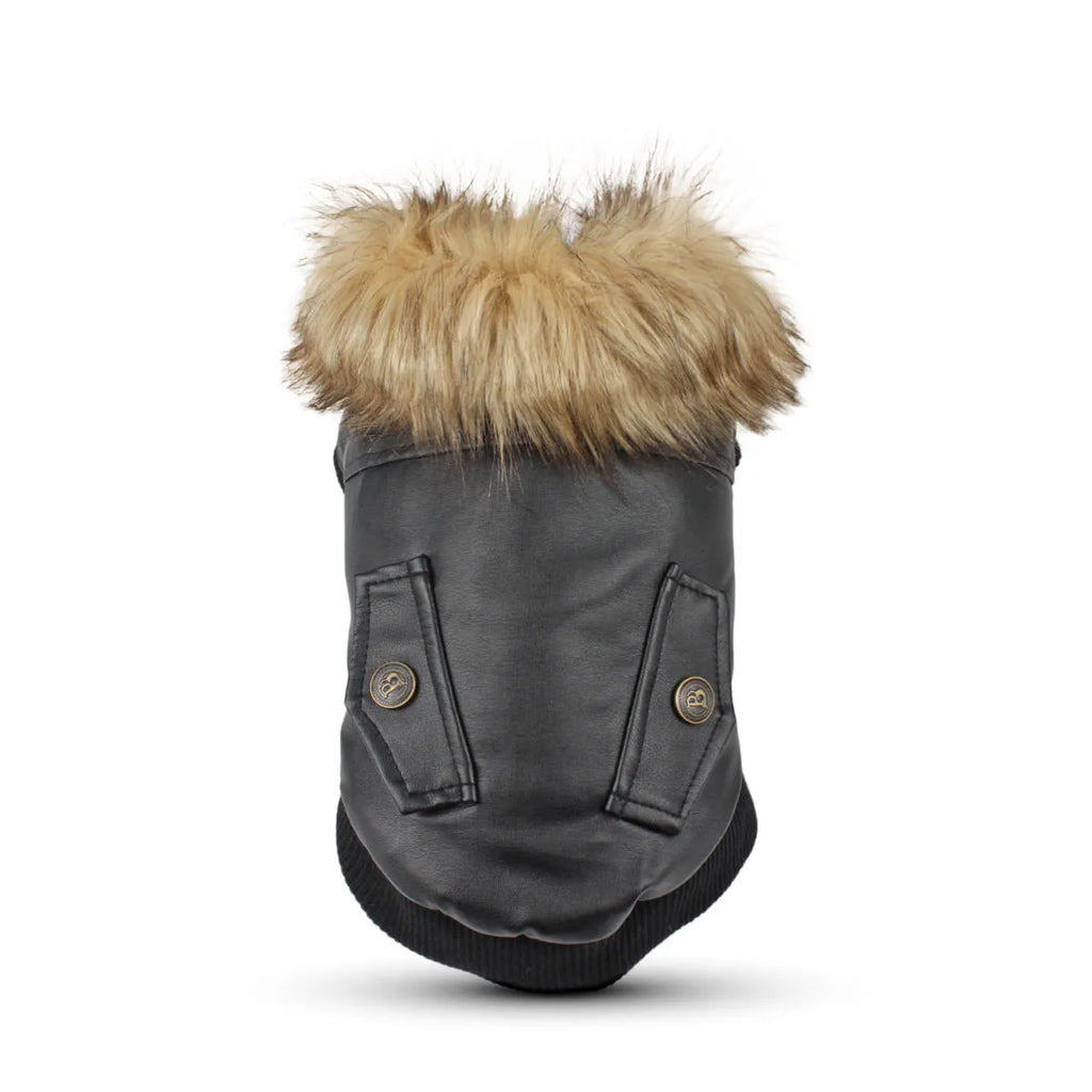 British style leather dog coat with fur collar in black or wine red colour options