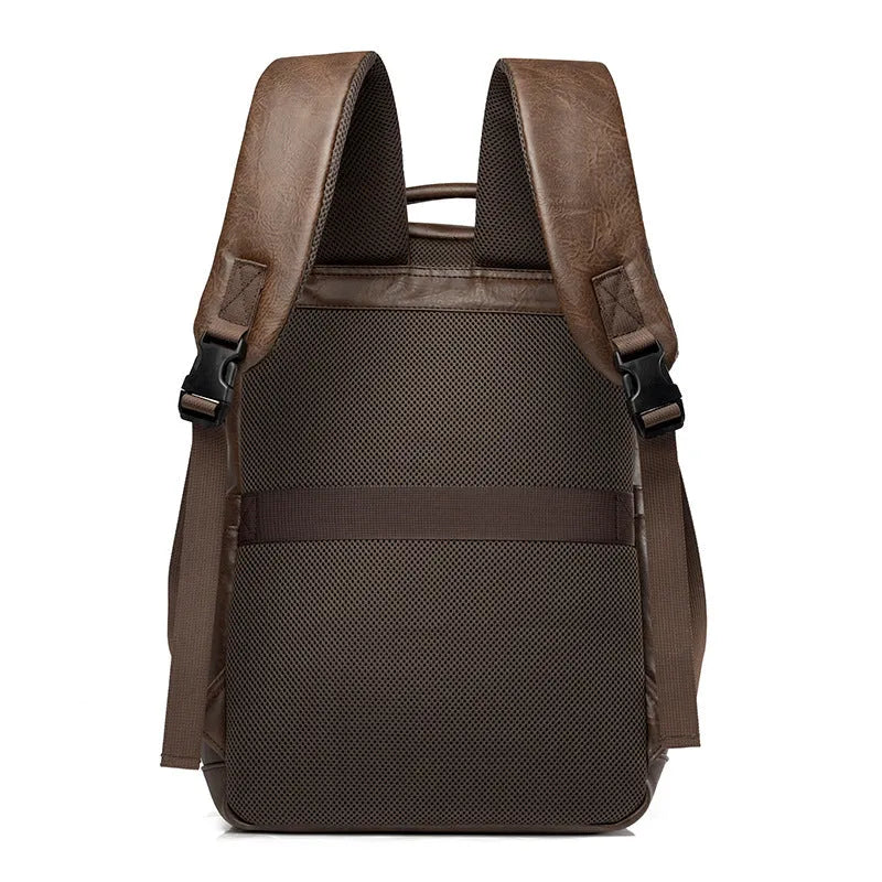 Men's casual business backpack in PU leather, solid colour, black - urban simplicity style for travel