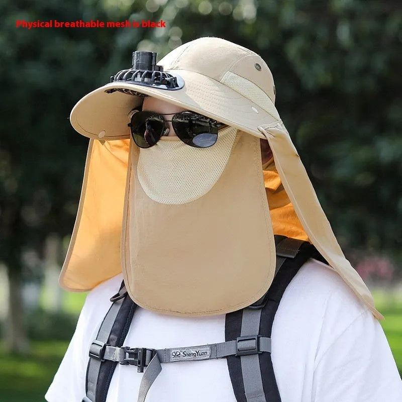 Men's sun protection hat with USB fan and integrated neck shawl in khaki colour