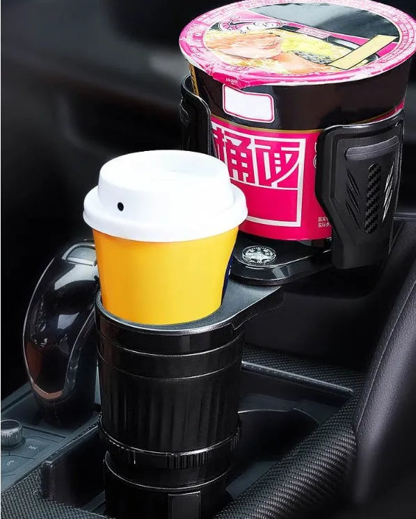 Black ABS car cup holder with retractable arms showing adjustable drink stabilisation mechanism