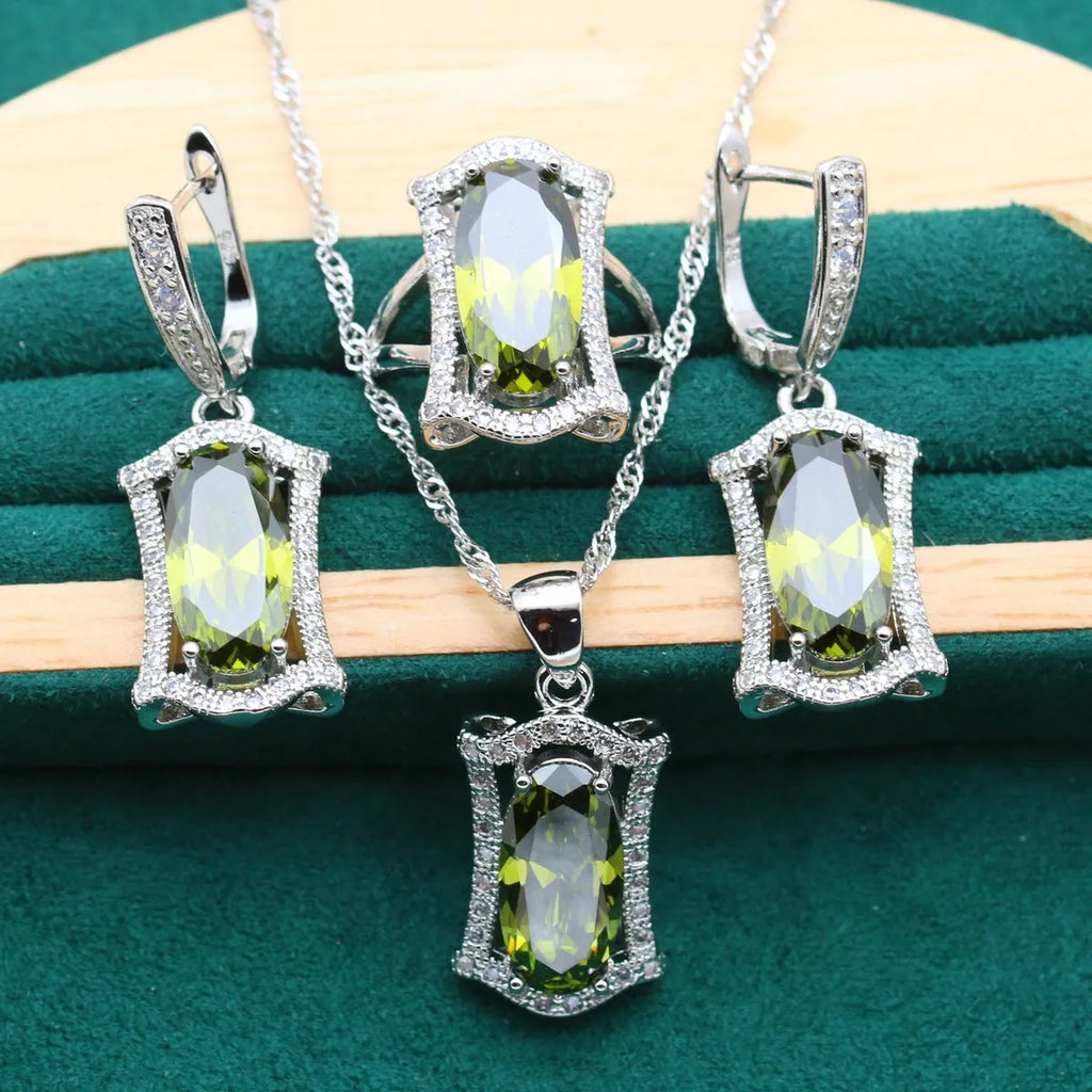 Zircon jewellery set with necklace, earrings, ring, and bracelet in yellow or olive green colours