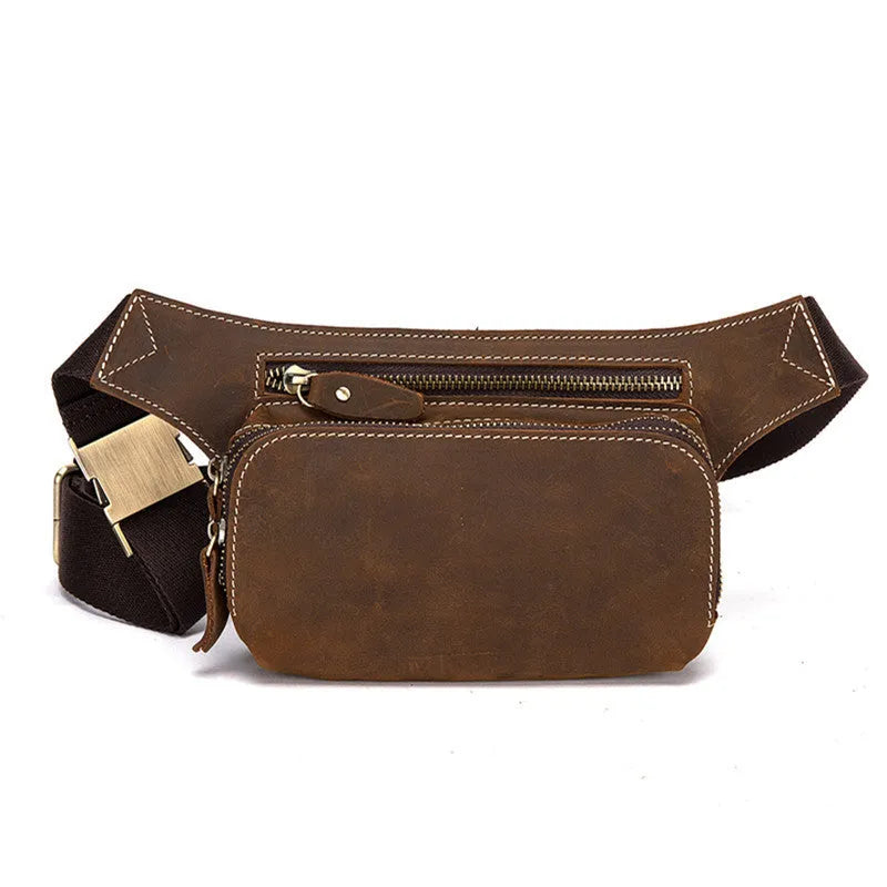 Brown top-layer cowhide leather men's sports waist bag with a zipped closure.
