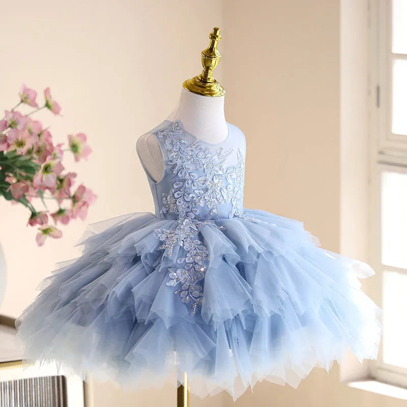 Blue tulle tutu princess dress for children, polyester fabric, birthday party wear, sizes 80cm-150cm