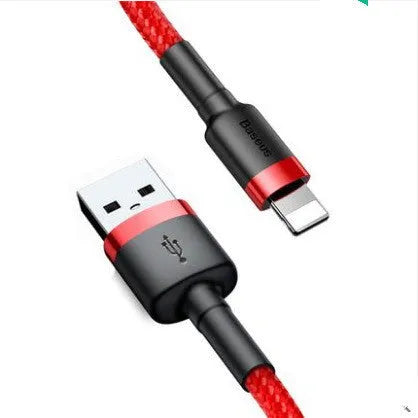 Red and deep space grey iPhone charging cables showing different lengths from 0.5 to 3 metres