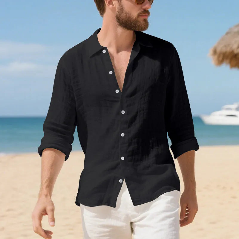 Linen casual shirt in a loose American fit on a hanger, shown in an earthy yellow colour.