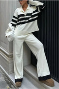 Women's black and white striped polo collar knit top with matching trousers casual two-piece set
