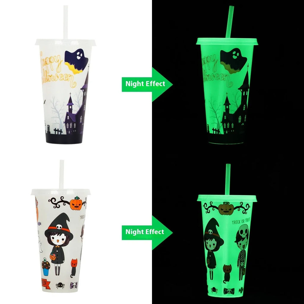 Halloween luminous plastic sippy cup with straw, 720ml capacity, in assorted colours.