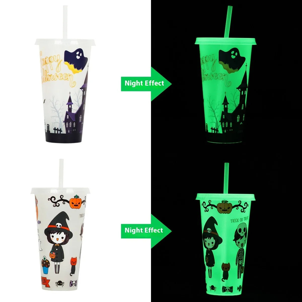 Halloween luminous plastic sippy cup with straw, 720ml capacity, in assorted colours.