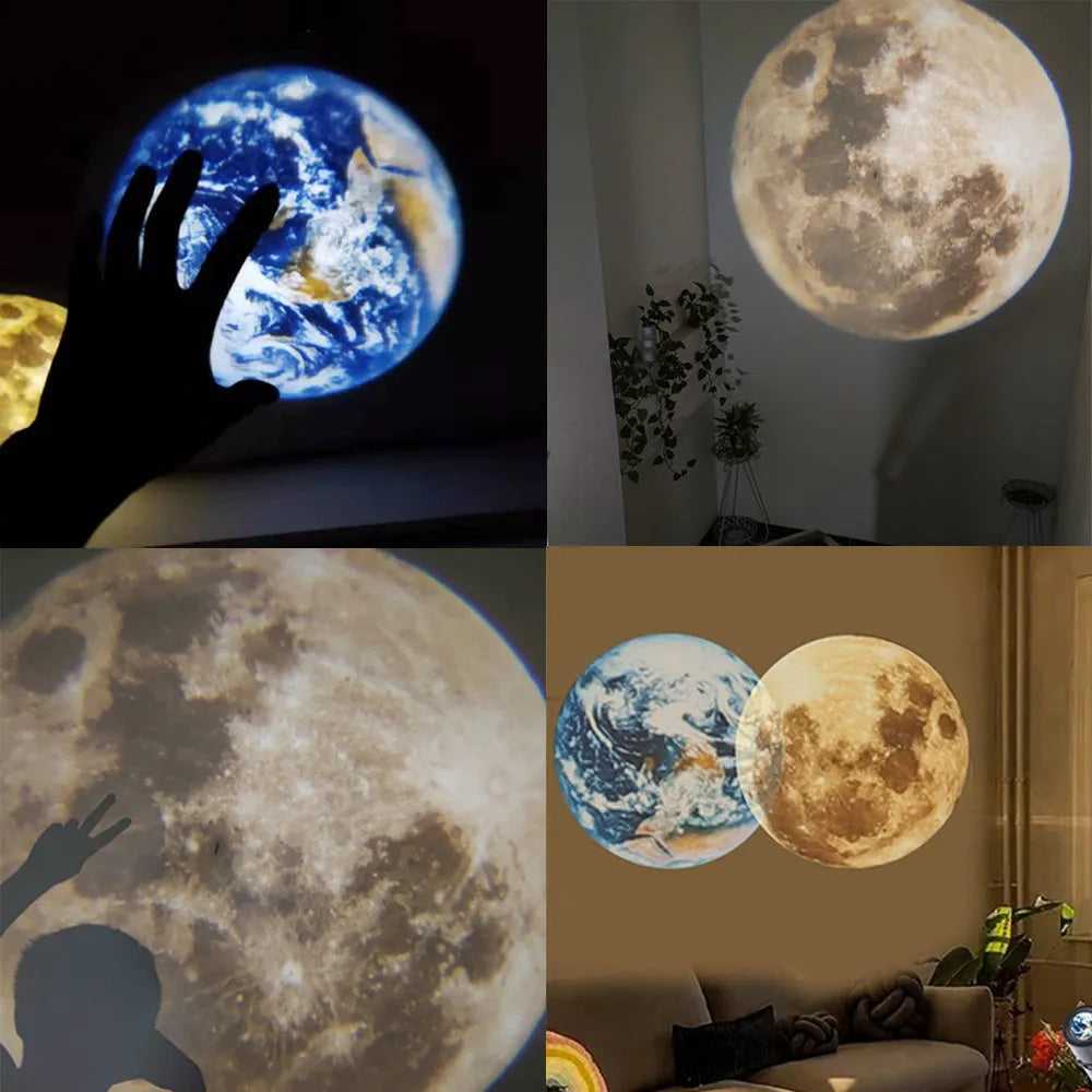Earth and Moon projector night light with flexible hose bracket on a bedside table