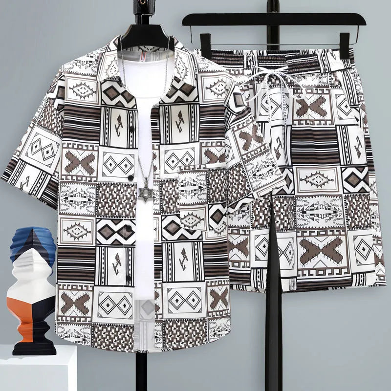 Men's casual sports shorts two-piece set in polyester, showing short sleeve top and elasticated shorts.