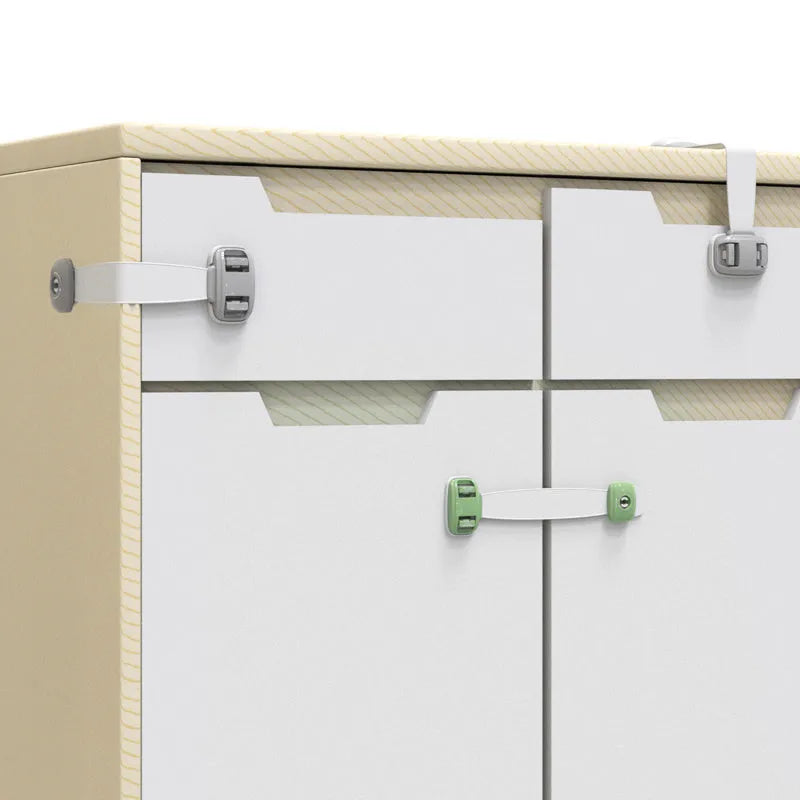 Grey and green adjustable strap child safety locks for cabinets and drawers with adhesive backing.