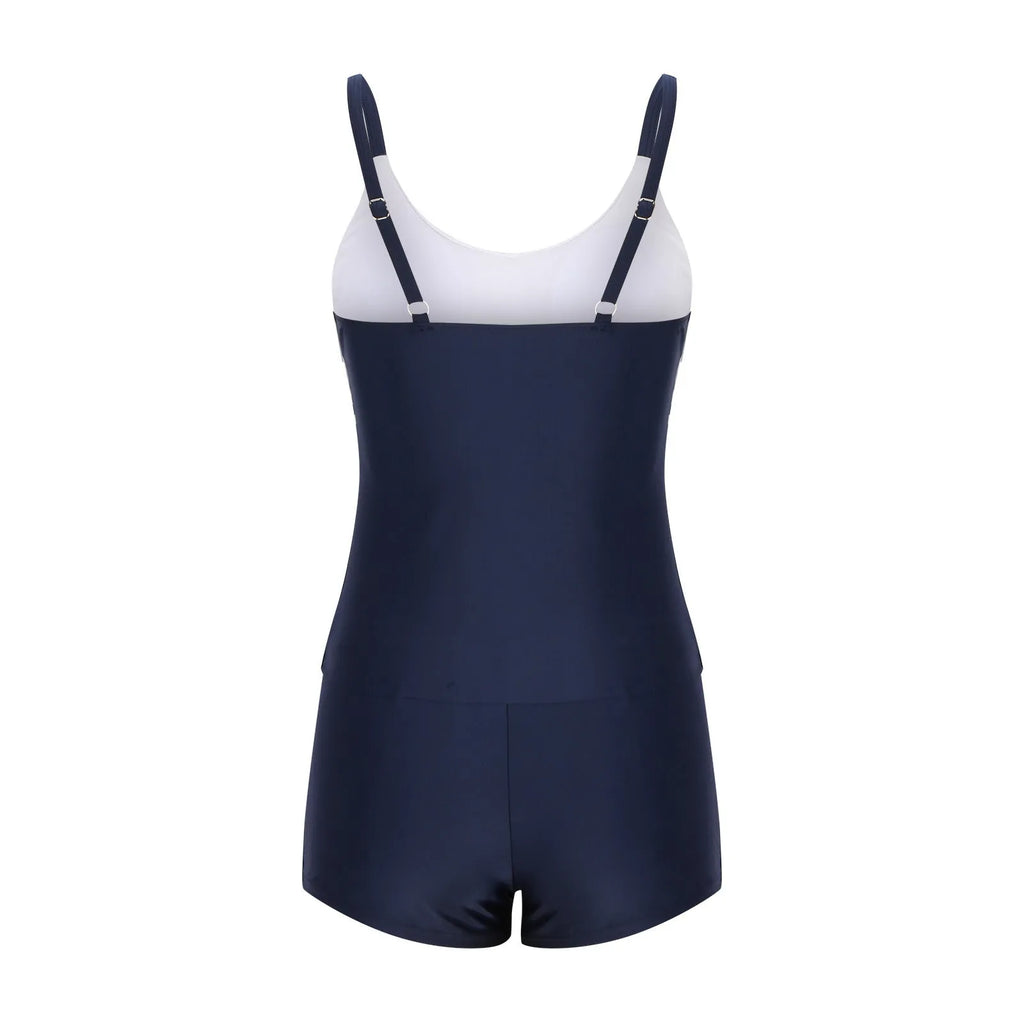 Ladies striped boyshorts one-piece swimsuit with split side design in polyester fabric
