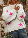 White women's turtleneck pullover with five-pointed star pattern in thick imitation velvet fabric