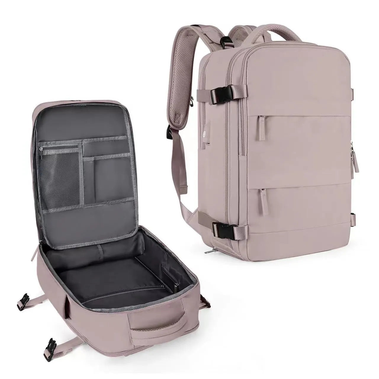 Large nylon waterproof mummy backpack in various colours on a neutral background.