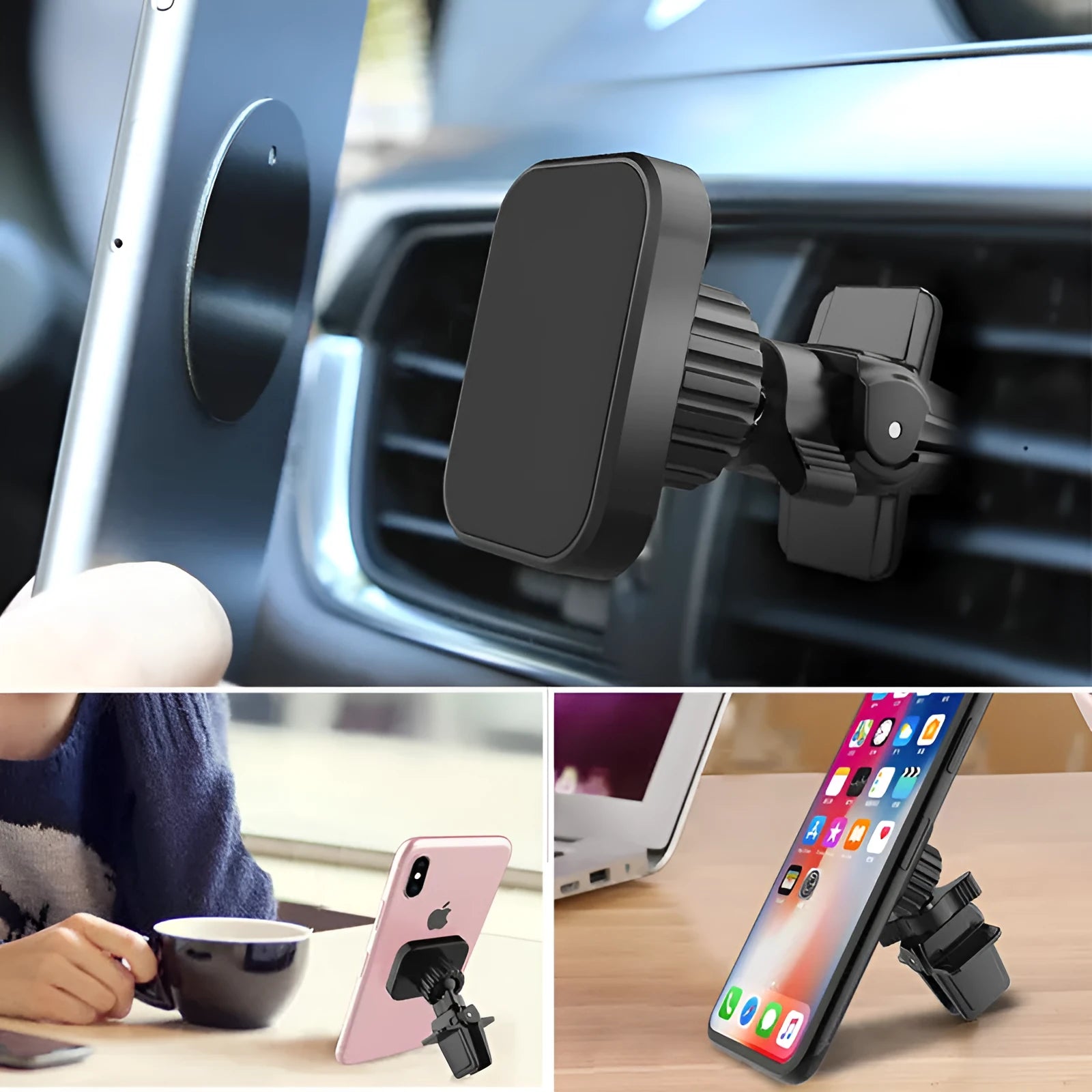 Black magnetic car phone holder attached to vehicle air vent with smartphone