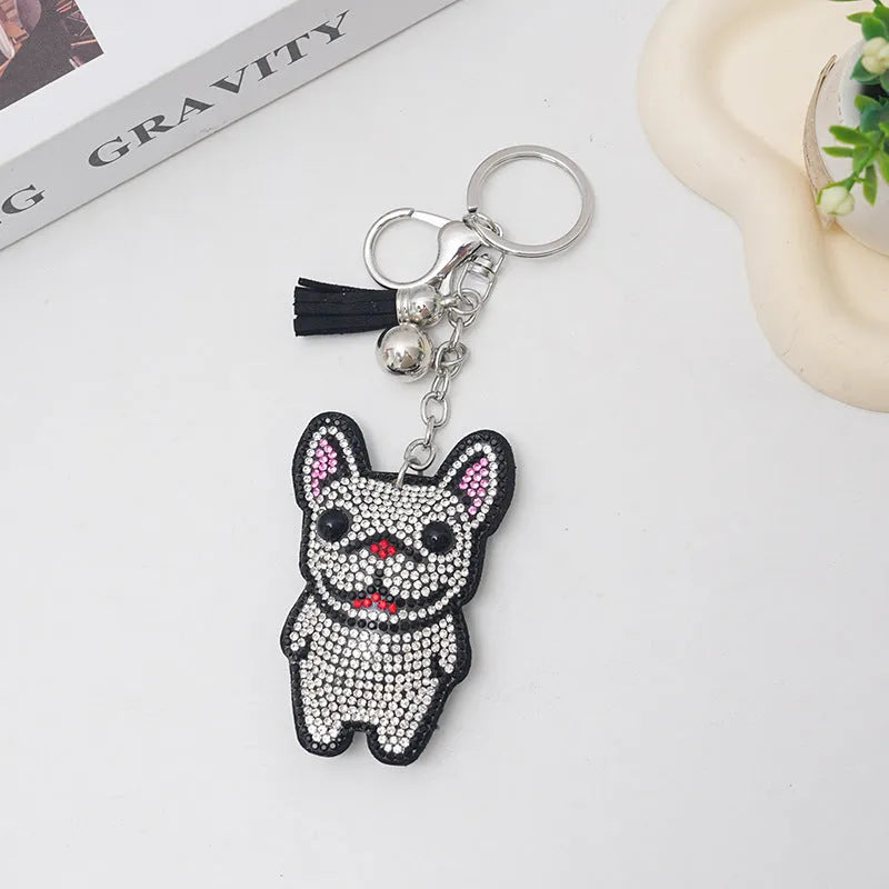 Cartoon French bulldog rhinestone keychain pendant in alloy with electroplated finish