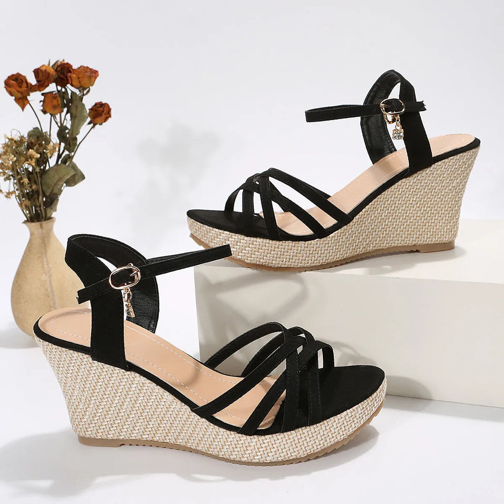 Women's wedge sandals with fish mouth open toe in black cloth upper