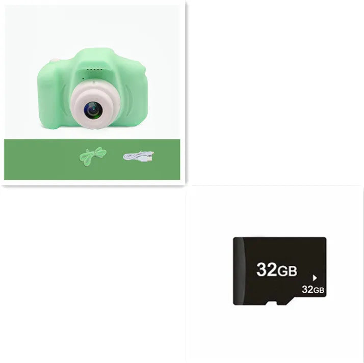 X2 HD mini cartoon kids digital camera in silicone body with 2-inch screen and lanyard.
