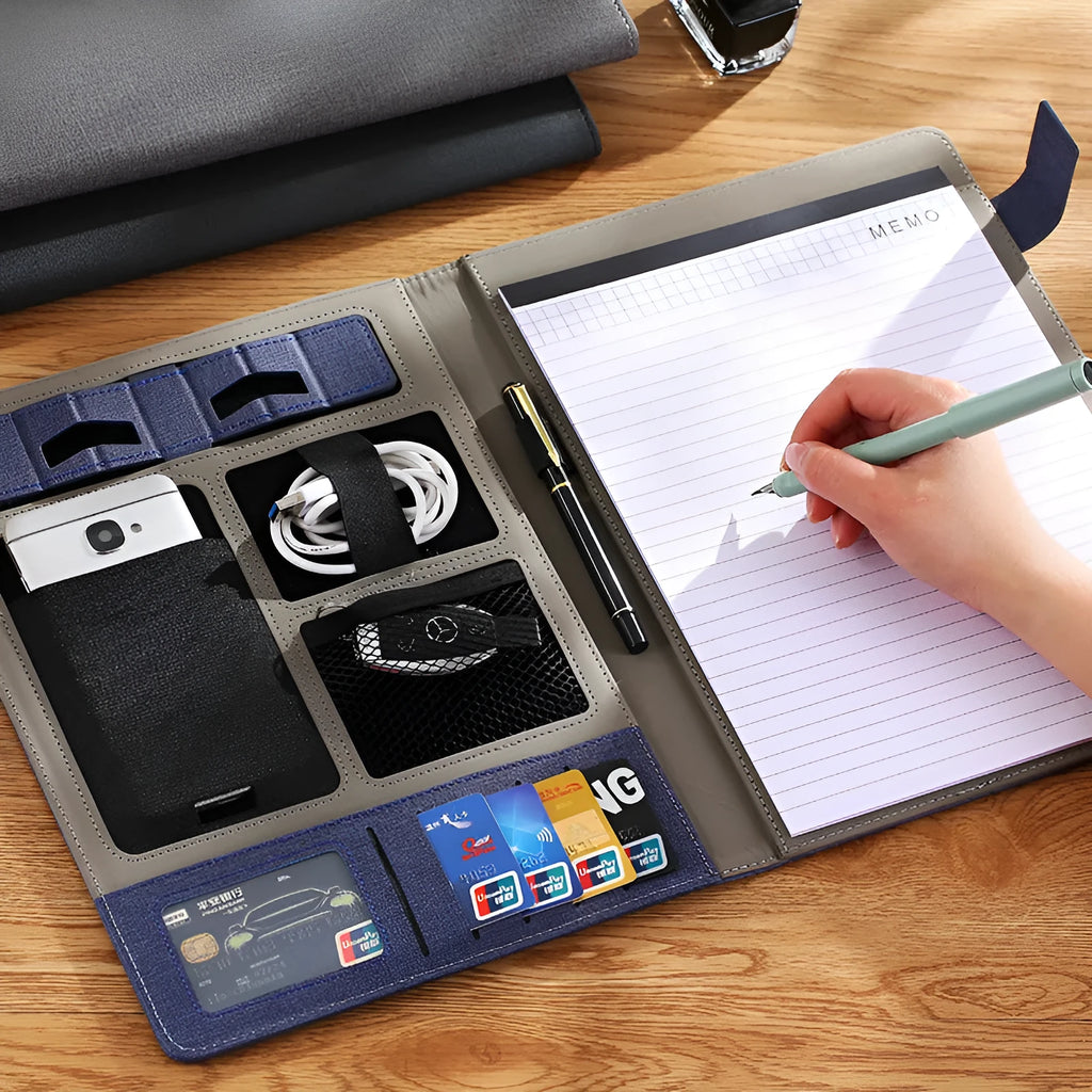 Black leather A4 multifunction folder for documents with optional pen and notepad.