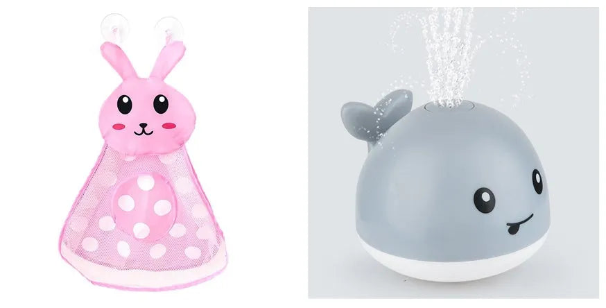 Whale-shaped electric bath toy with automatic water spray, LED lights, and music functions for baby sensory development