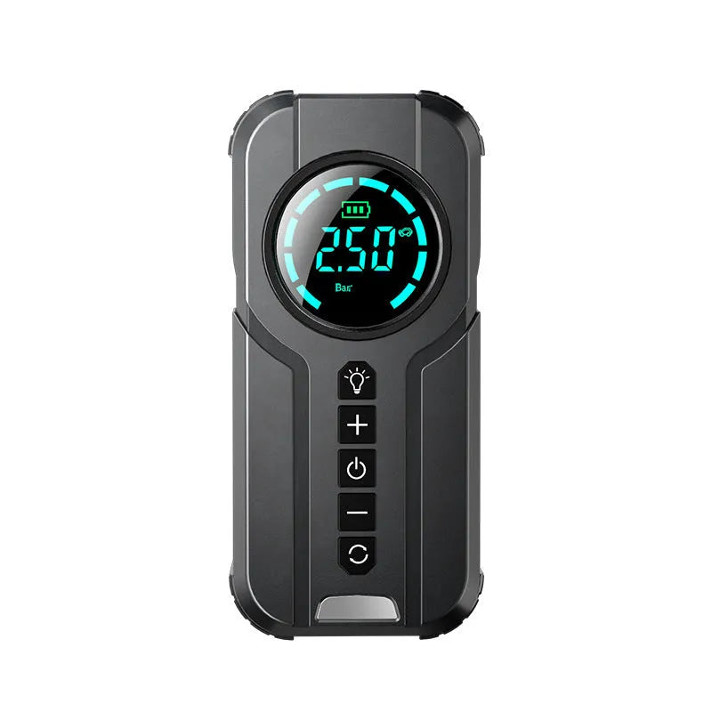 Portable wireless air pump with 6000mAh battery, 13cm hose, and multiple nozzles on a grey background.