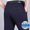 Men's straight leg non-ironing suit trousers in a mulberry silk blend fabric, shown in dark blue.