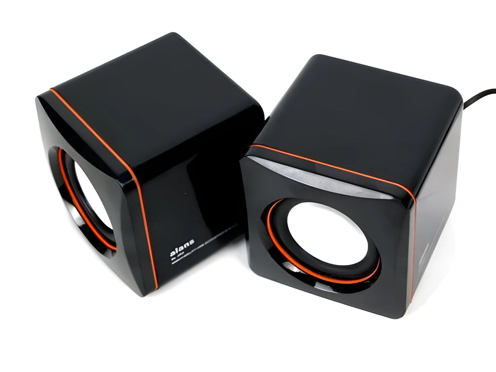 Small black square USB-powered 2.0 computer speakers for desktop PCs