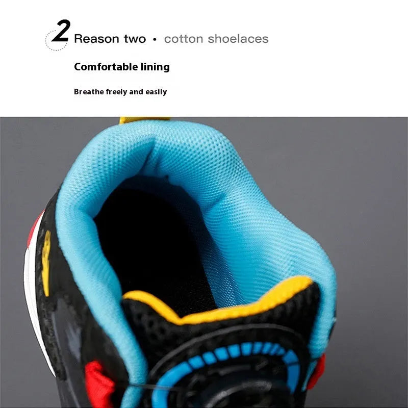 Children's rotating button basketball shoes in multiple colours with synthetic leather upper and PU sole.