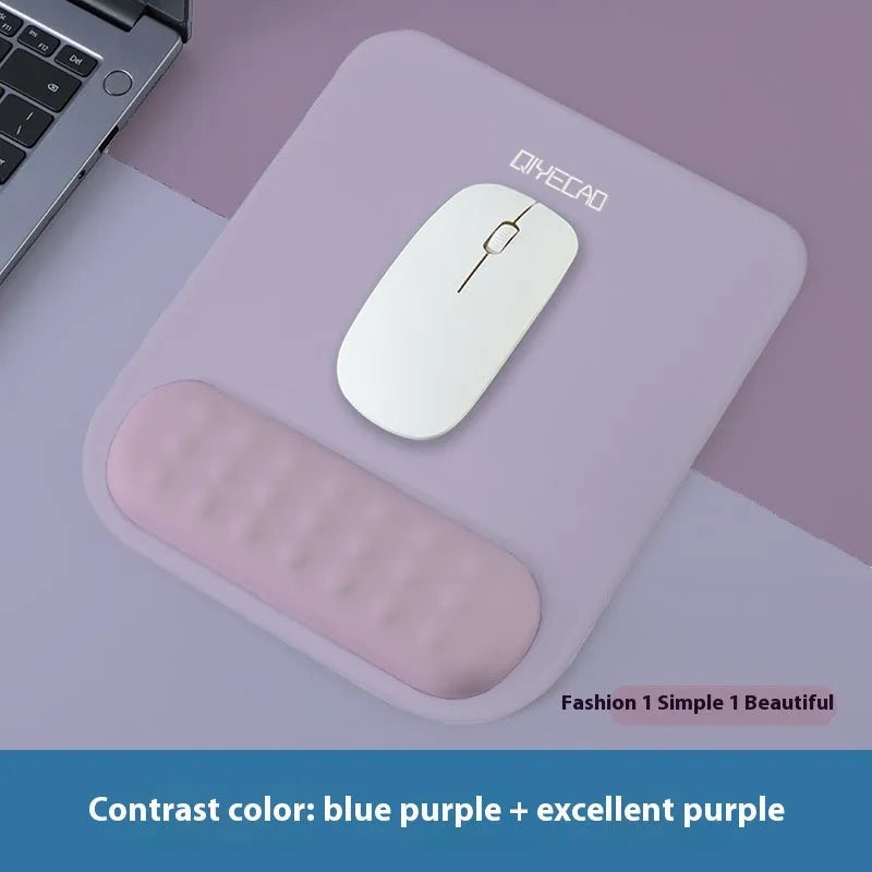 Ergonomic mouse pad with raised wrist support in a choice of contrast colour patterns on a desk.