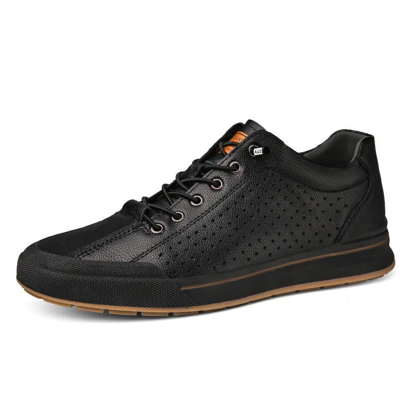 Men's casual shoes in matte leather with round toe and flat heel, shown in black and white colour options.